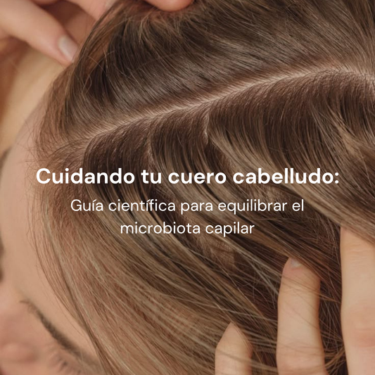 Primer plano de una persona separando su cabello para mostrar el cuero cabelludo, con el texto: "Cuidando tu cuero cabelludo: Guía científica para equilibrar el microbiota capilar".